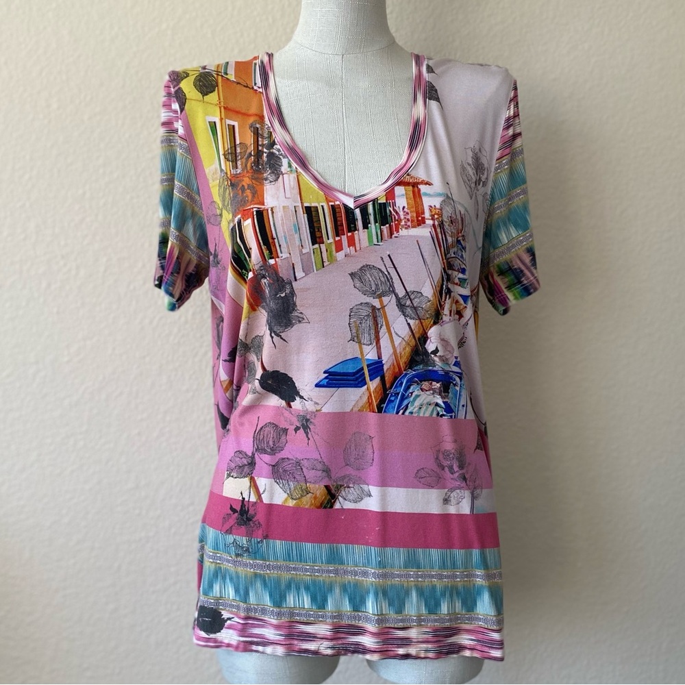 Johnny Was Angelica Stripe Favorite Short Sleeve V-Neck Tee